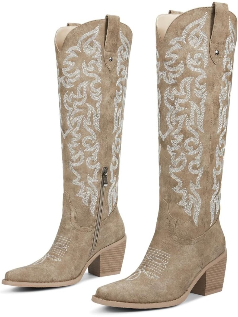 Women's Khaki Knee High Cowboy Boots Chunky Heel Leather Chunky Heel Pull